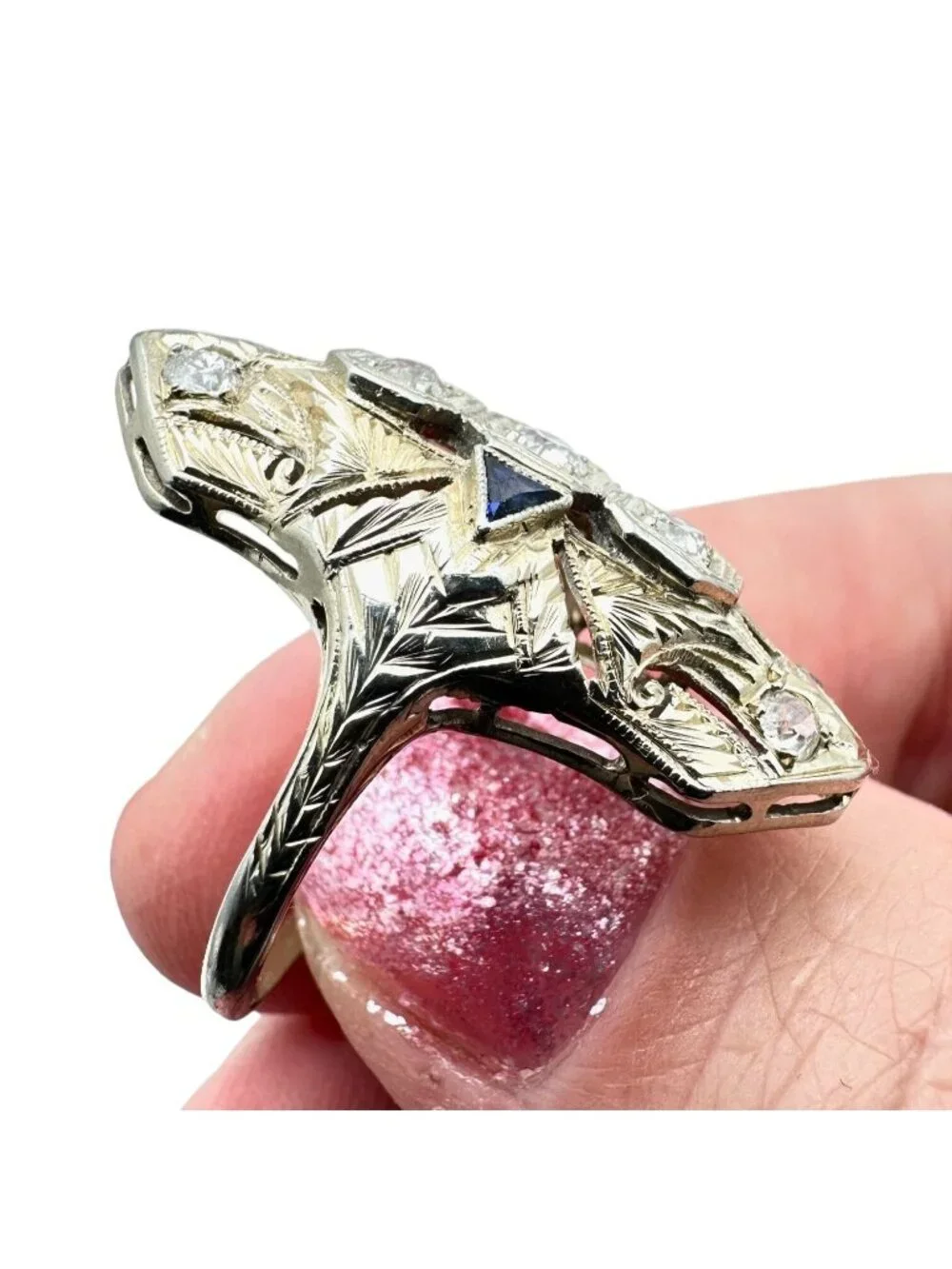 European 20K White Gold Womens Ring Diamond Blue Sapphire Art Deco 1920s Antique